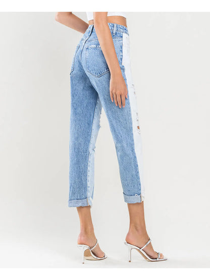 Super High Rise Color Block Cuffed Mom Jeans