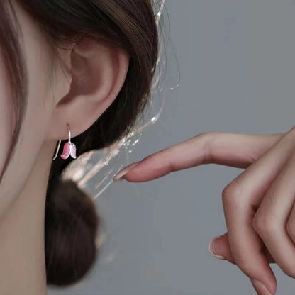 Pink Enamel Tulip Flower Earrings in 925 Sterling Silver