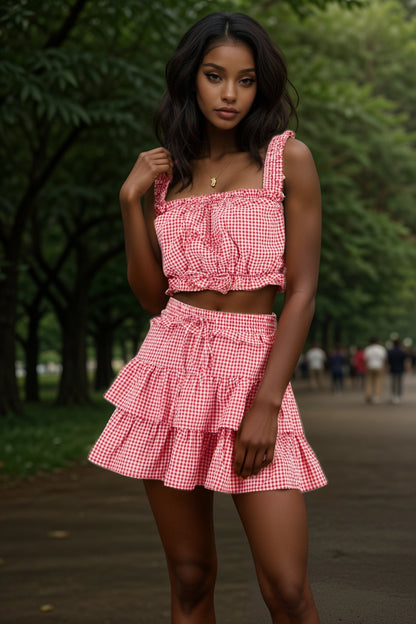 Gingham Plaid Sleeveless Crop Top and Skirt Set