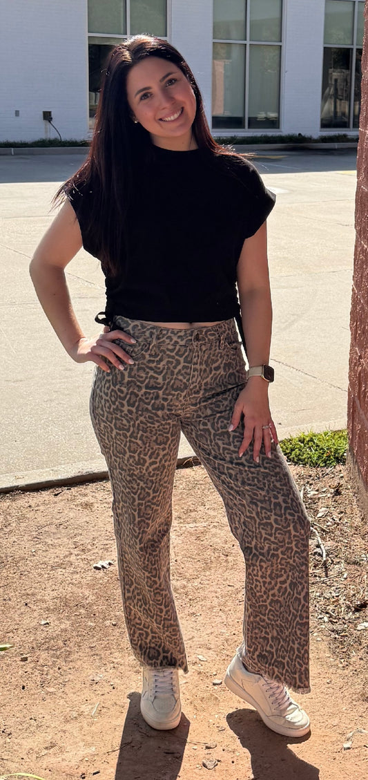 Brown leopard frayed edge, wide leg, high waist jeans