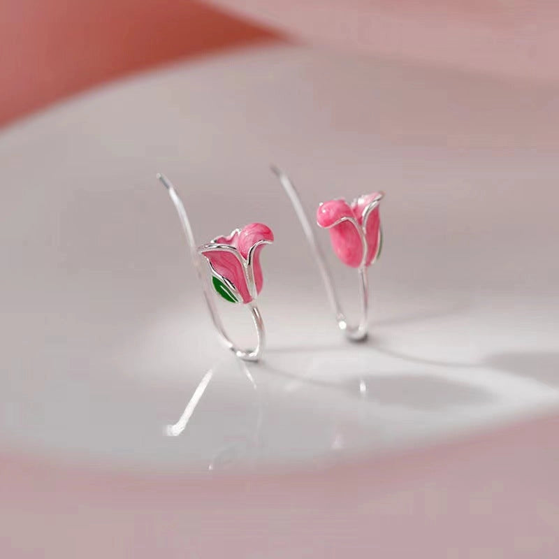 Pink Enamel Tulip Flower Earrings in 925 Sterling Silver