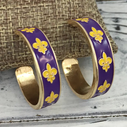 Purple and Gold Fleur De Lis Hoop Earrings