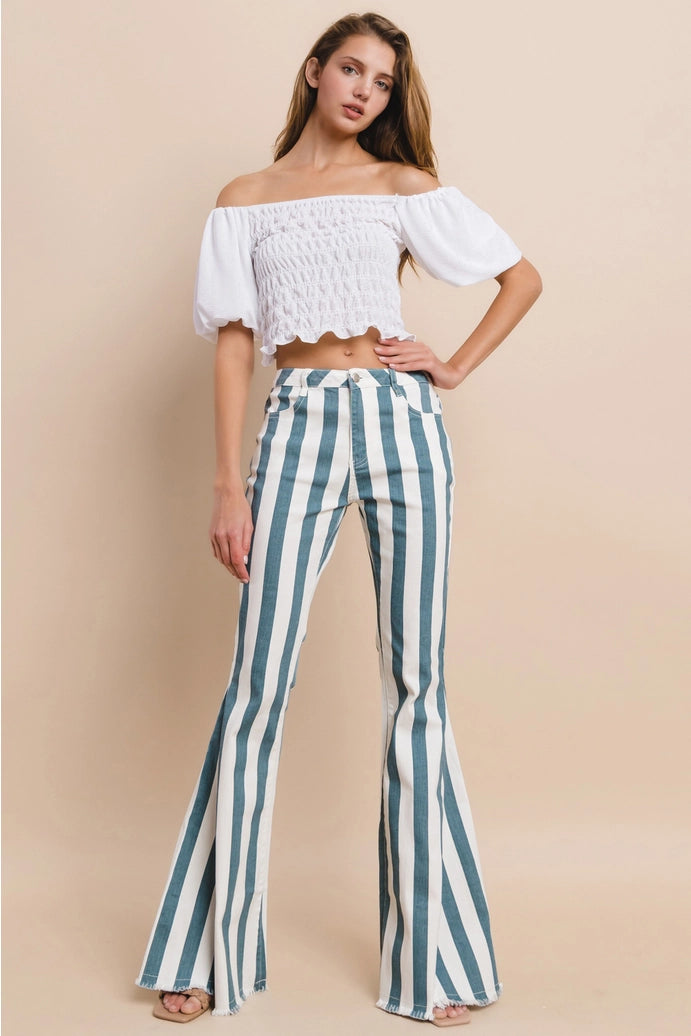 Striped Bellbottom Jeans - Teal 2001