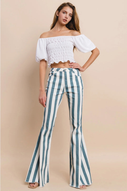 Striped Bellbottom Jeans - Teal 2001