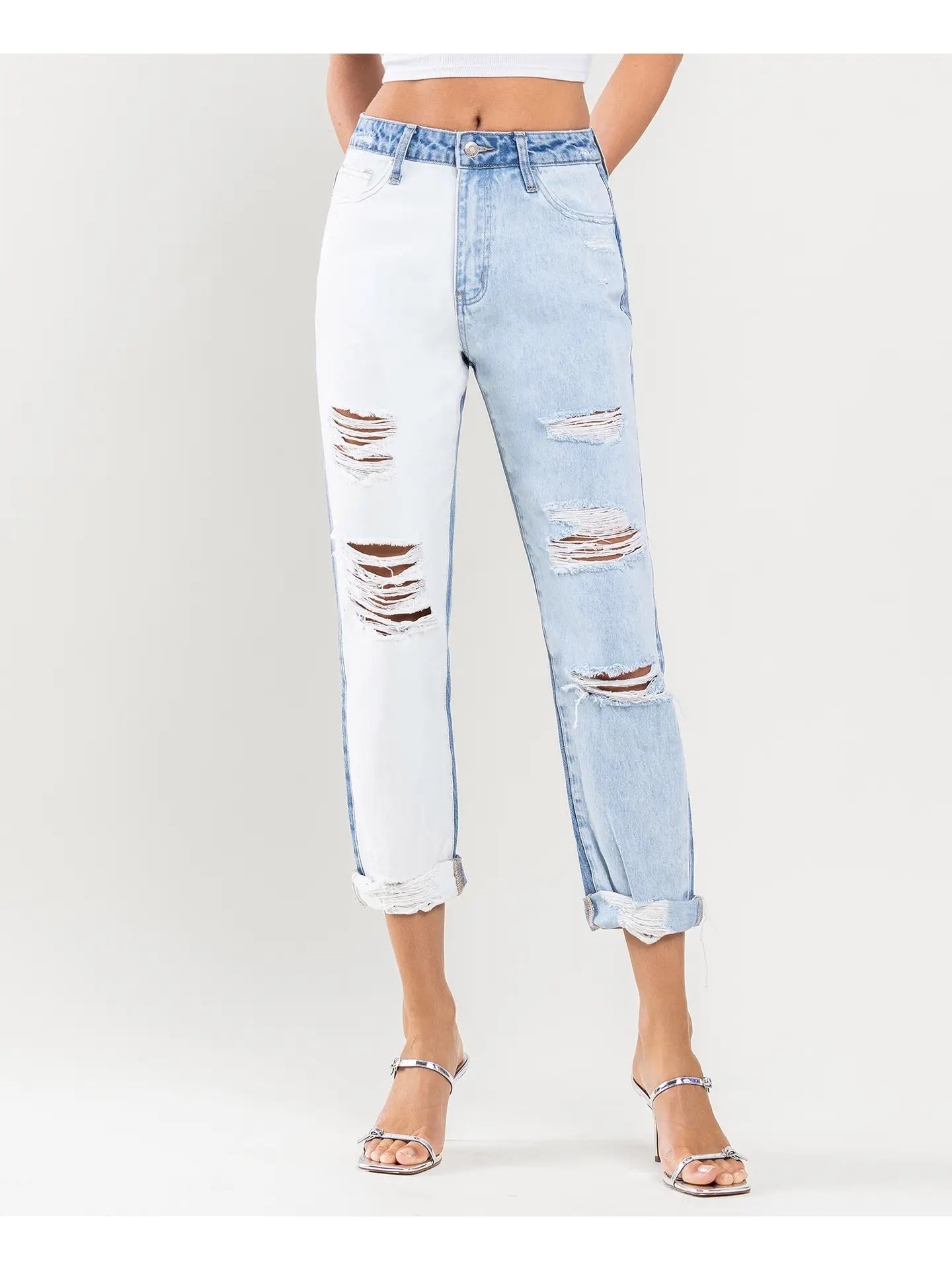 Super High Rise Color Block Cuffed Mom Jeans