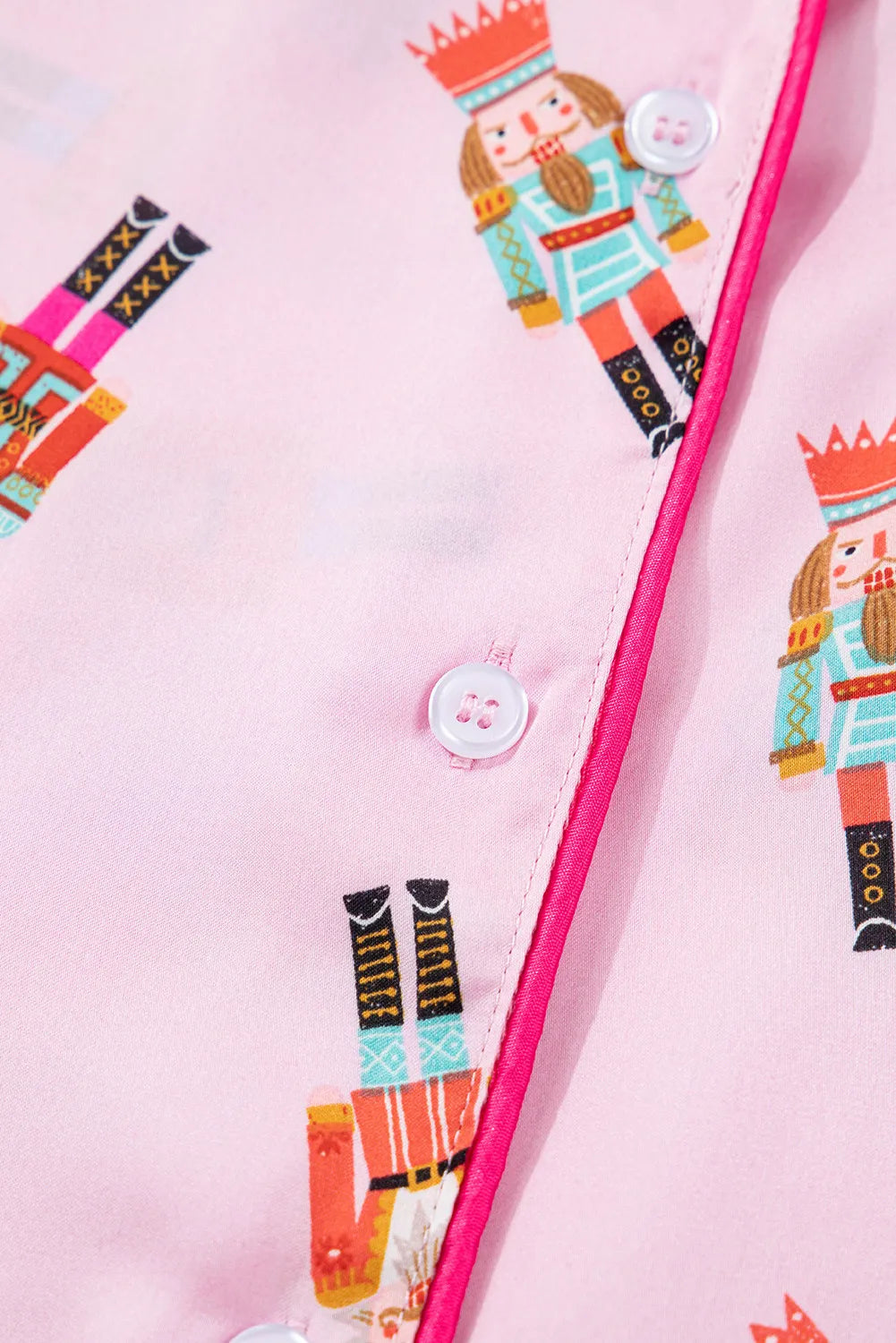 Pink Nutcracker Print Contrast Trim Tied up Bow Silky 2pcs Pajama Set