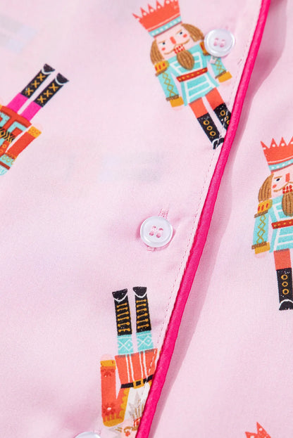 Pink Nutcracker Print Contrast Trim Tied up Bow Silky 2pcs Pajama Set