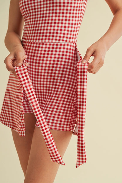 Gingham Print Sleeveless Wrap Tie Front Dress