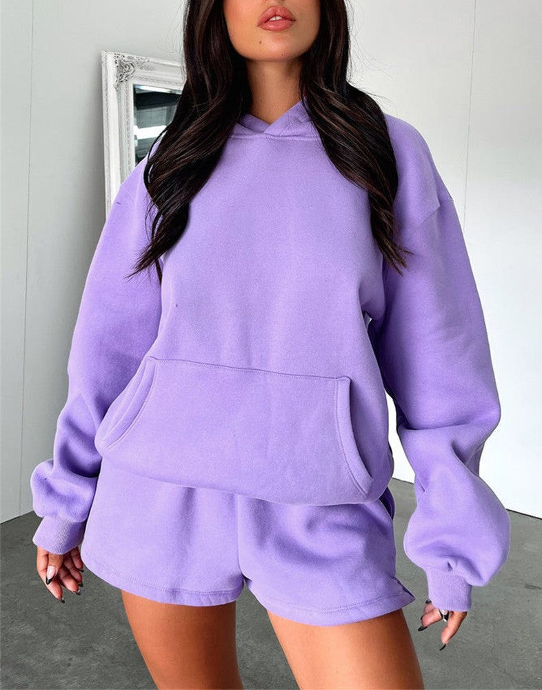 Basic Pocket Hoodie & Drawstring Short Set Outfits