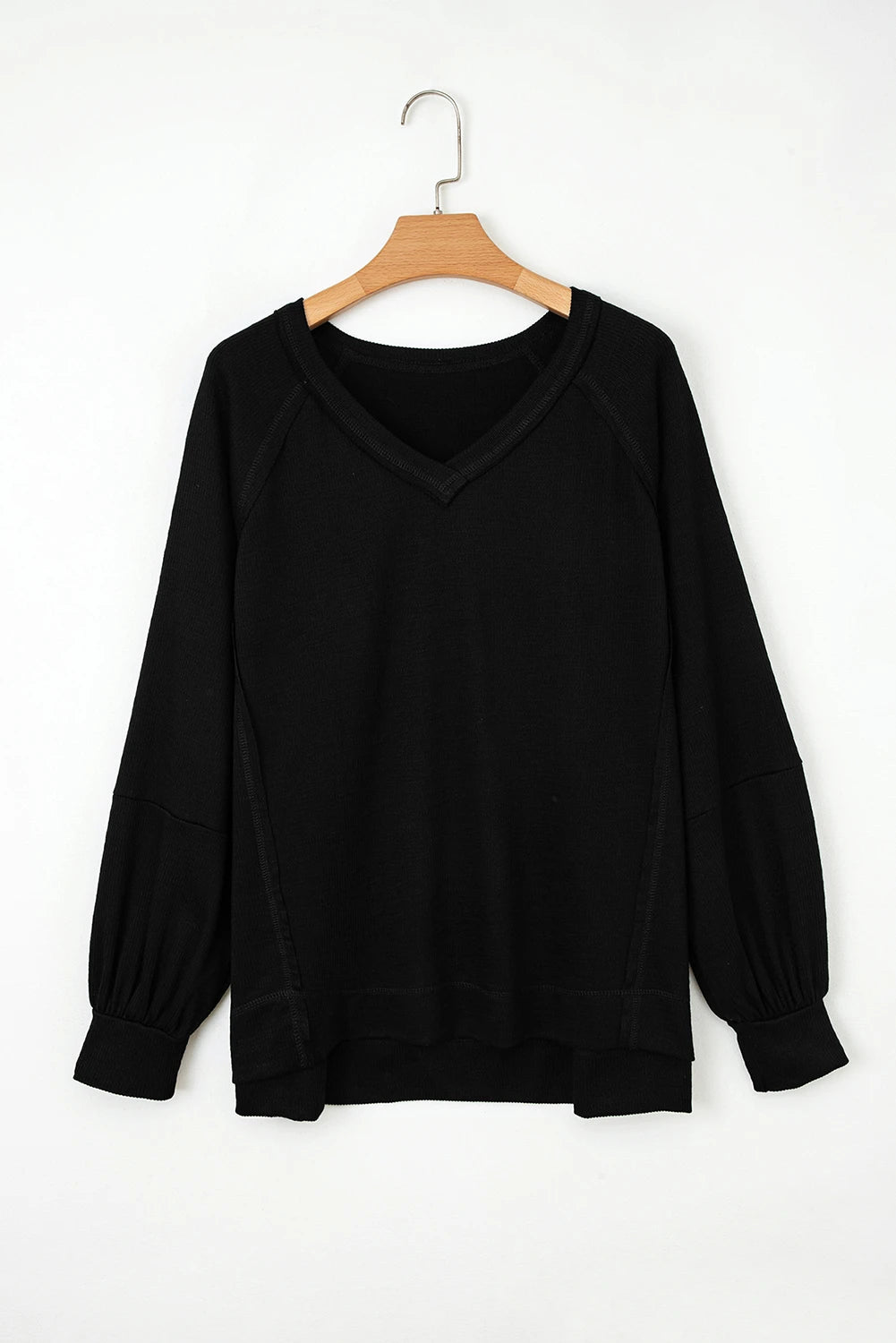 Black Exposed Seam Textured Knit V Neck Pullover Top