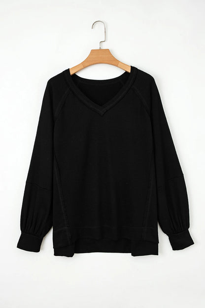 Black Exposed Seam Textured Knit V Neck Pullover Top