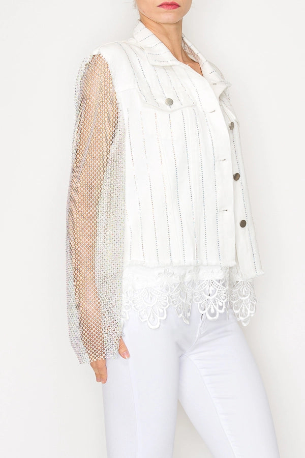 Statement Denim Jacket with Sparkly Details & Net Mesh Sleeves