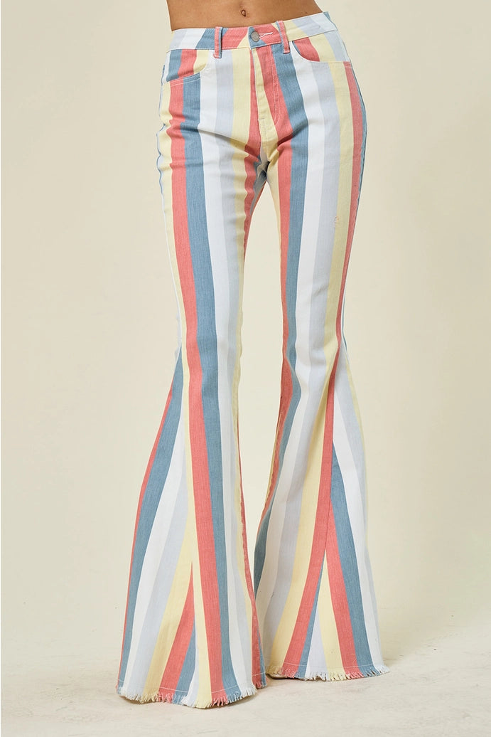 Multi Stripe Denim Bellbottom Jeans -Terra Multi 1003