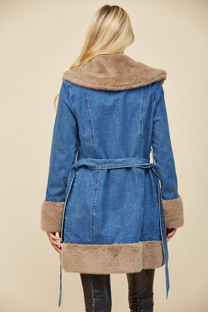 Soft Faux Fur Lined Denim Coat with Sash