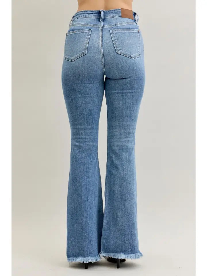 High Waisted Flare Front Pintuck Detail & Fray Hem