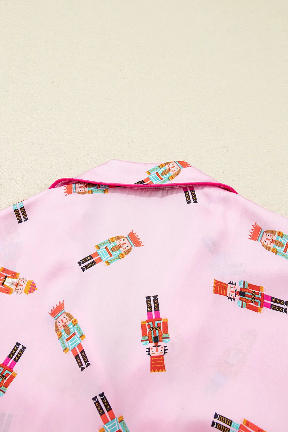 Pink Nutcracker Print Contrast Trim Tied up Bow Silky 2pcs Pajama Set