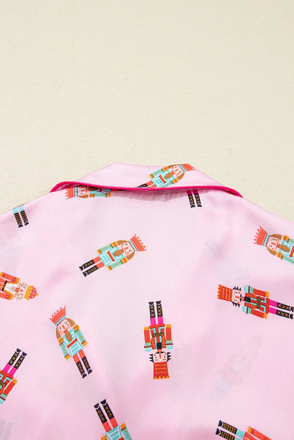 Pink Nutcracker Print Contrast Trim Tied up Bow Silky 2pcs Pajama Set