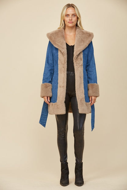 Soft Faux Fur Lined Denim Coat with Sash