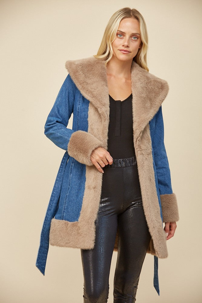Soft Faux Fur Lined Denim Coat with Sash