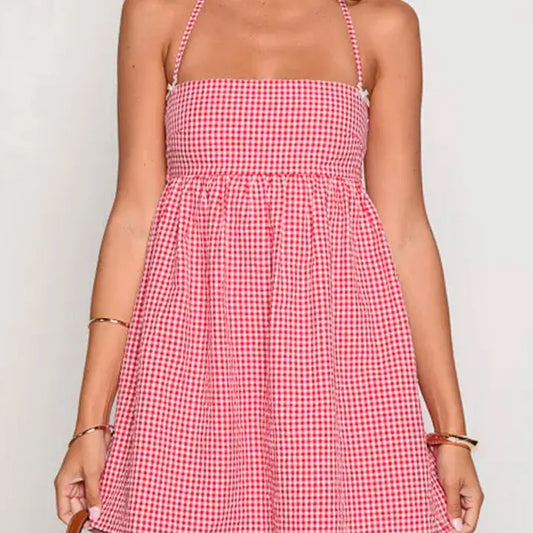 Gingham Halter Mini Dress Backless Baby Doll Dress