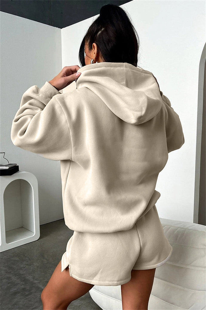 Basic Pocket Hoodie & Drawstring Short Set Outfits