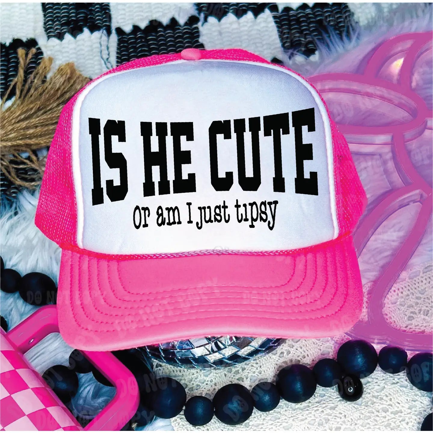 Is He Cute Dtf Printed Neon Pink & White Trucker Hat
