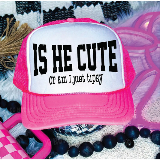 Is He Cute Dtf Printed Neon Pink & White Trucker Hat
