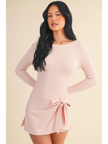Pink Long Sleeve Wrap Tie Front Dress