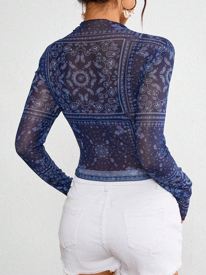 Paisley Print Lace Mesh Fitted Top T-Shirt
