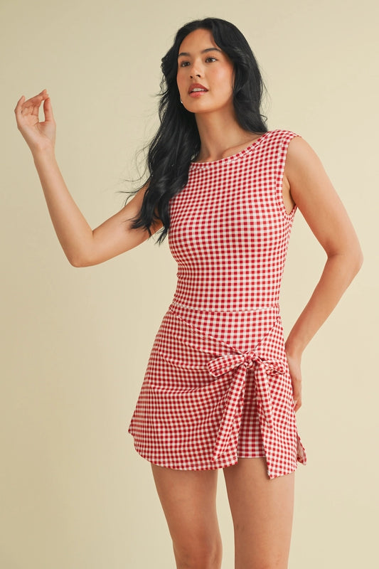 Gingham Print Sleeveless Wrap Tie Front Dress