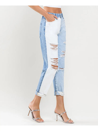 Super High Rise Color Block Cuffed Mom Jeans