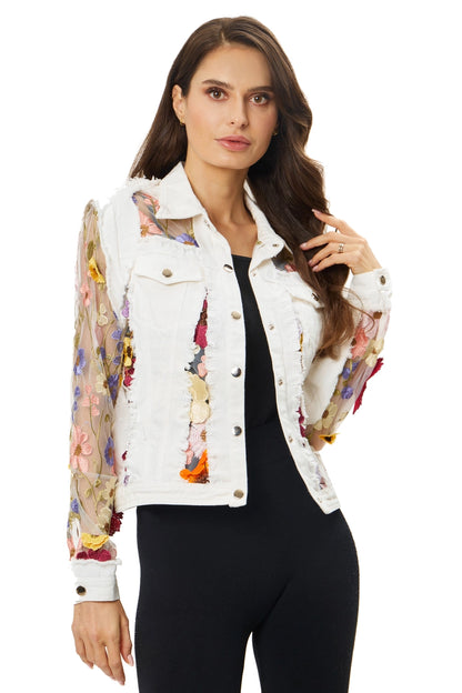 White Denim Jacket with Floral Embroidery