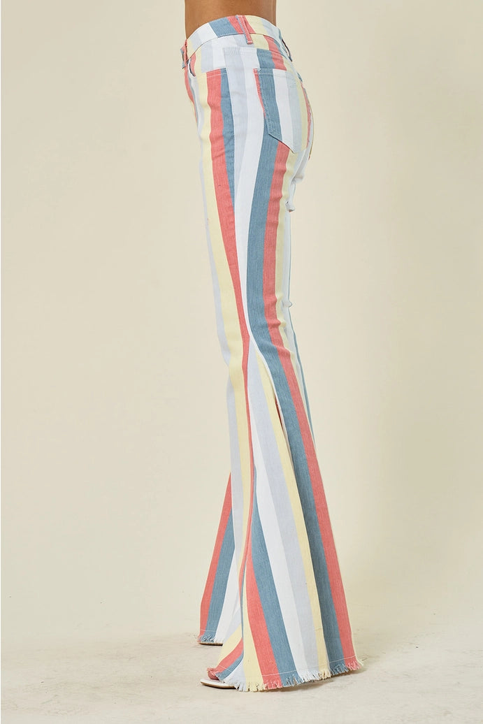 Multi Stripe Denim Bellbottom Jeans -Terra Multi 1003