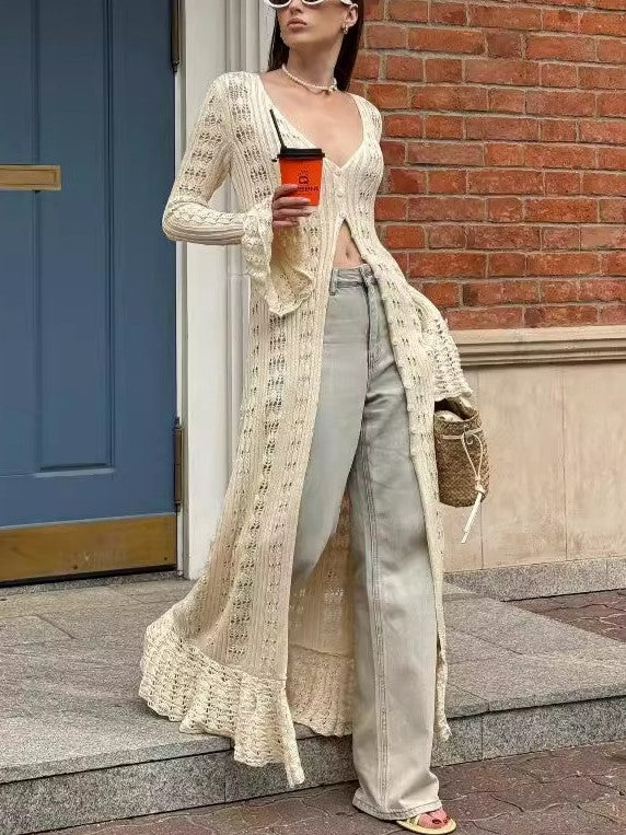 Y2K Hollow Bell Sleeves Crochet Maxi Cardigan