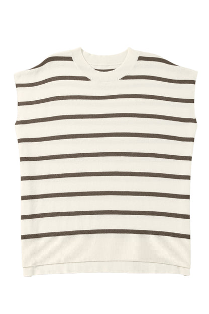 Brown Stripe Side Slits Crewneck Short Sleeve Sweater Tee