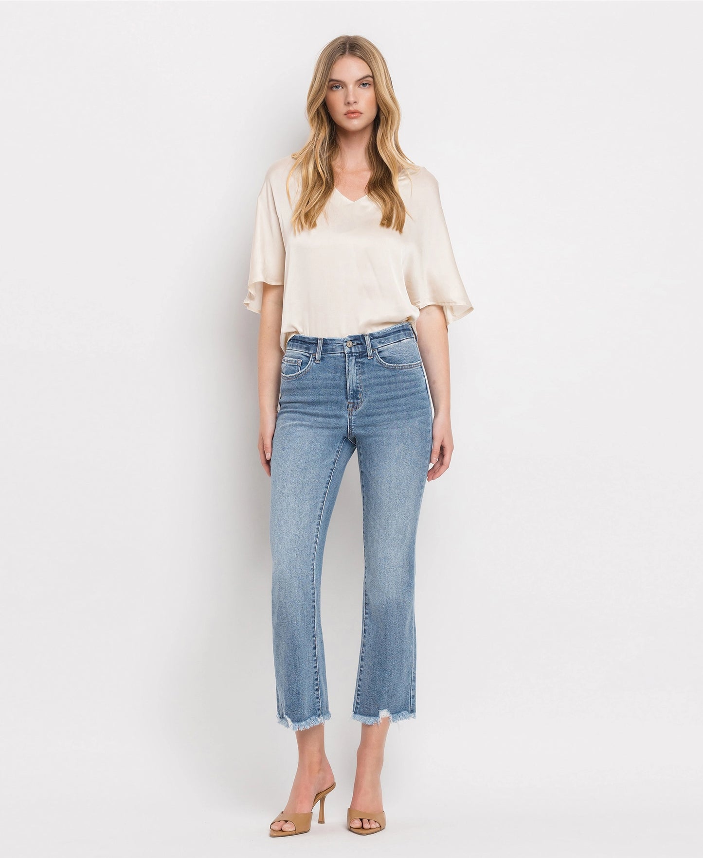 High Rise Frayed Hem Crop Flare Jeans (BELLA)