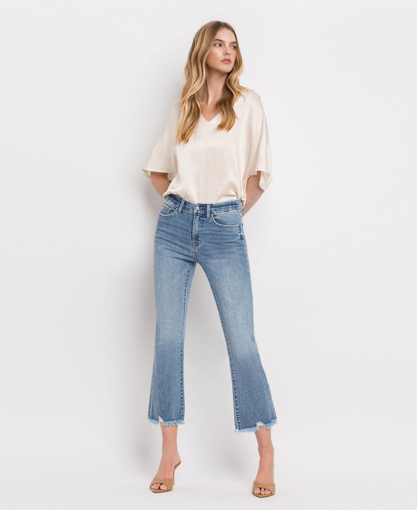 High Rise Frayed Hem Crop Flare Jeans (BELLA)