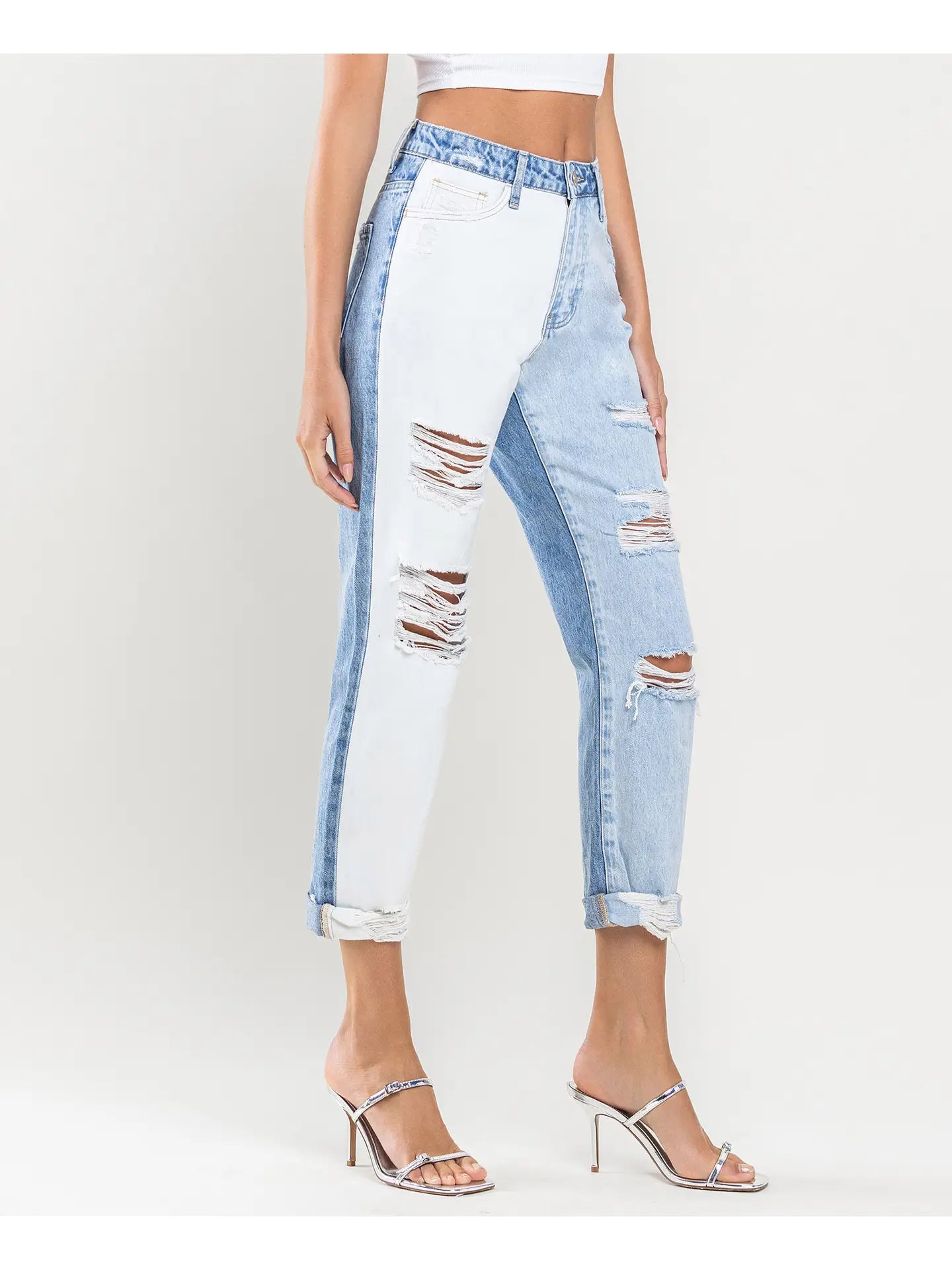Super High Rise Color Block Cuffed Mom Jeans