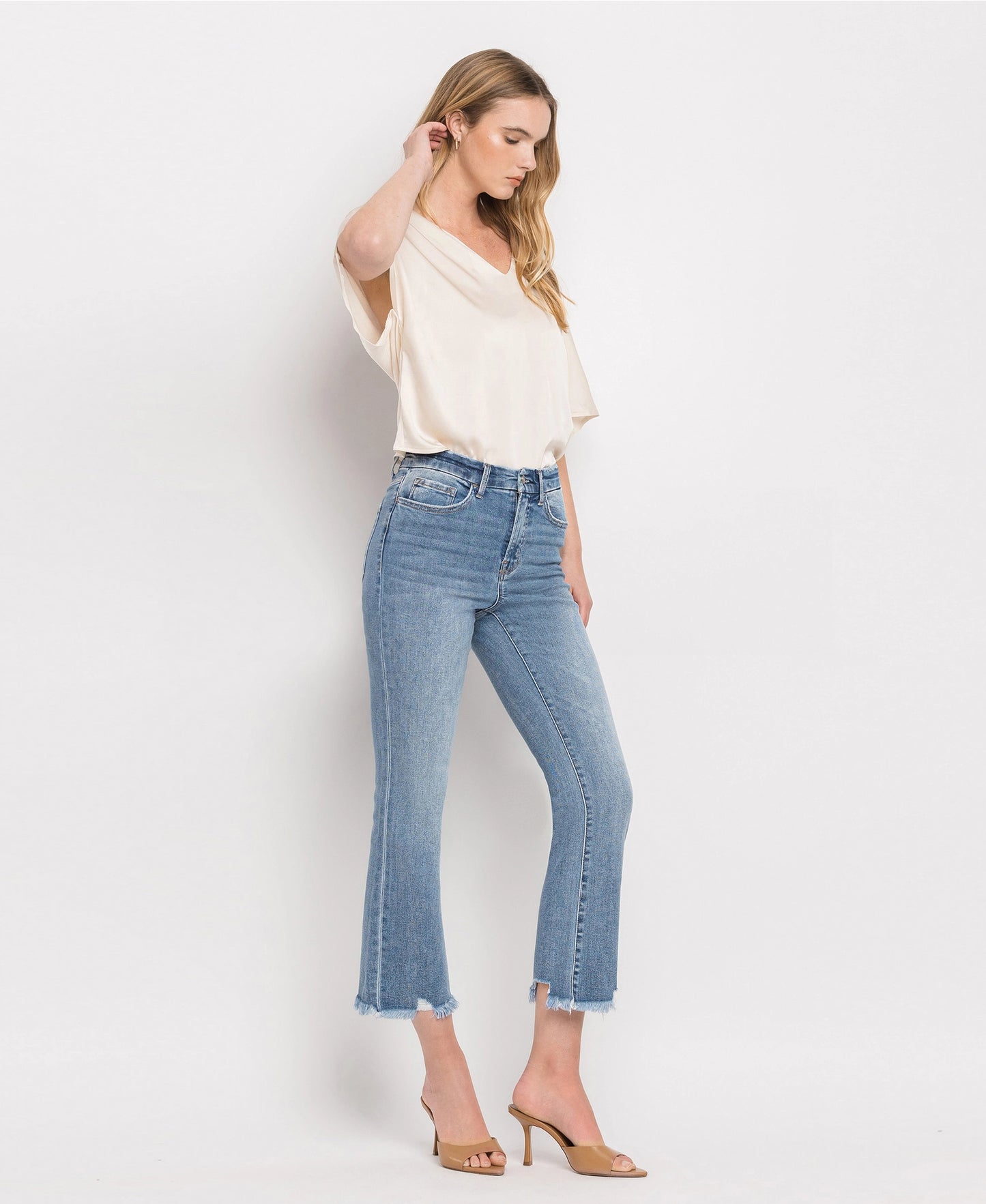 High Rise Frayed Hem Crop Flare Jeans (BELLA)