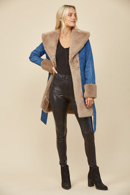 Soft Faux Fur Lined Denim Coat with Sash