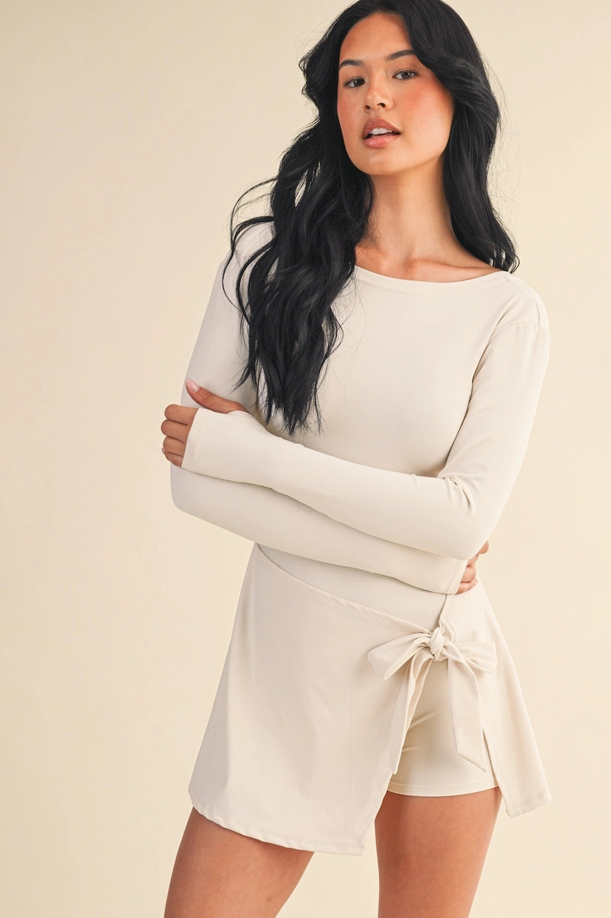 Cream Long Sleeve Wrap Tie Front Dress