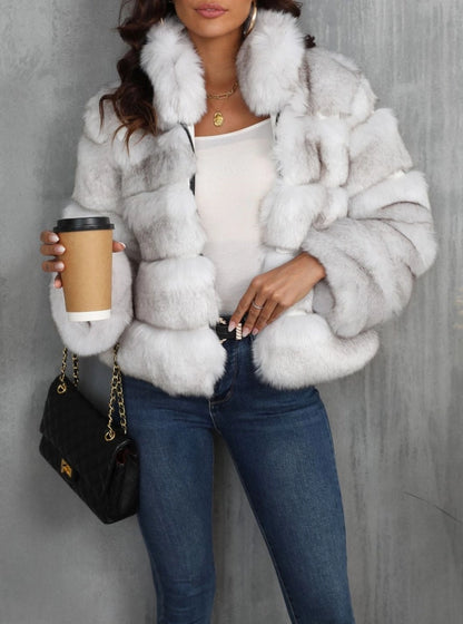 Fleece Cropped Stand-Up Collar Zip-Up Faux-Fur Coat