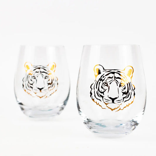 Tiger Wine Glass Set Clear/Gold 16oz