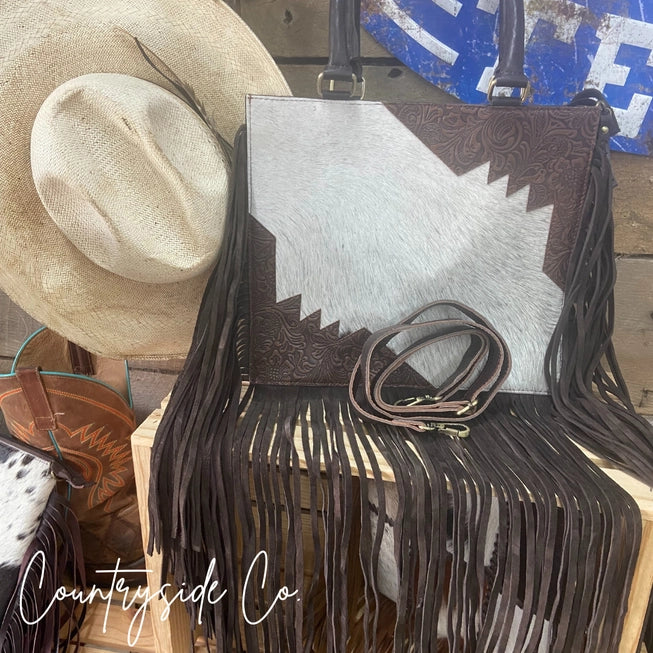 Fringe Cowhide Tote Purse with Shoulder Strap
